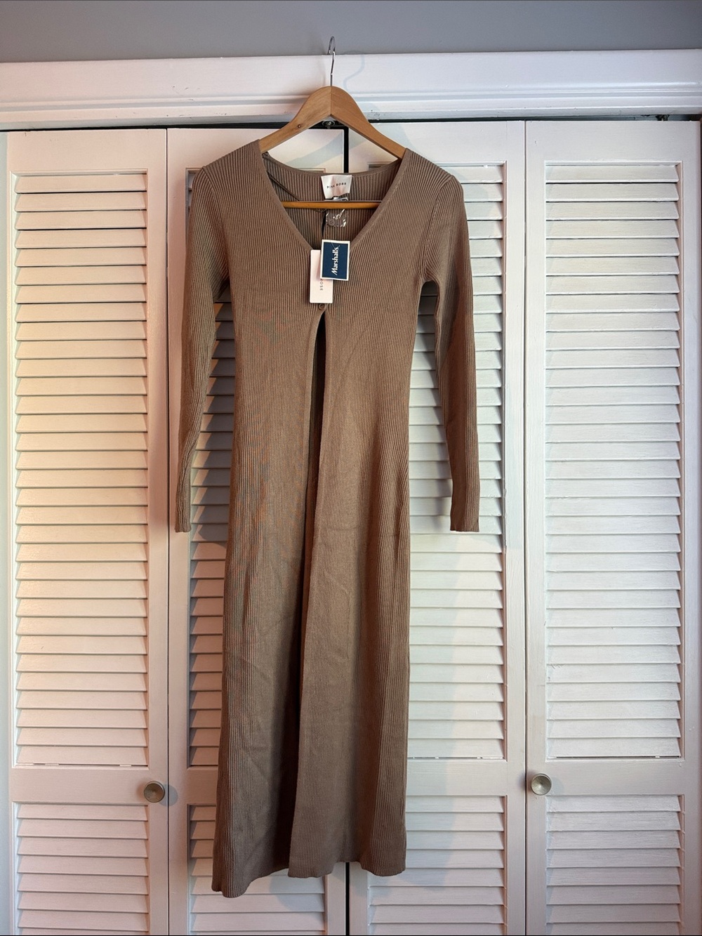 Pink Rose Taupe Ribbed V-Neck Knit Maxi Dress